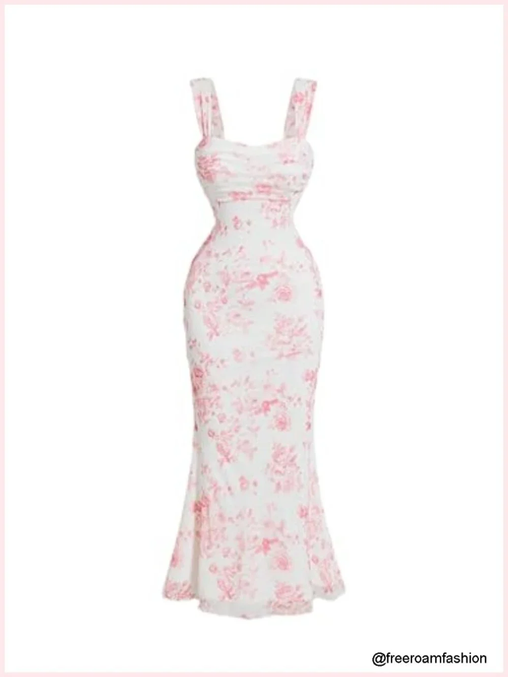Floral Ruched Midi Dress with Mesh Overlay for Summer Wedding Guest